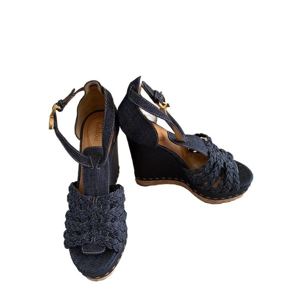 Chloe Blue Denim Wedge Espadrilles Sandals 39.5 (US 9) Womens Navy Cloth Chic